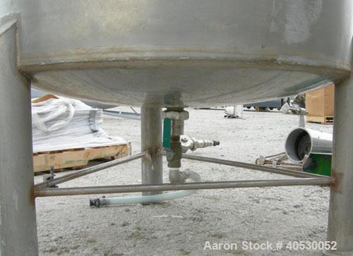 Used - Lee Metal Products Tank, Model 200DBT, 304 stainless steel, vertical. Approximately 40" diameter x 48" straight side, clamp down dished top, dish bottom. 1" center bottom outlet. Mounted on 3 ...