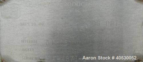 Used - Lee Metal Products Tank, Model 200DBT, 304 stainless steel, vertical. Approximately 40" diameter x 48" straight side, clamp down dished top, dish bottom. 1" center bottom outlet. Mounted on 3 ...