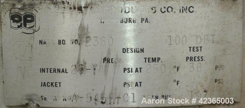 Used Lee Metal Products Pressure Tank, 100 gallon, model DBT, 316 stainless steel, vertical. Approximate 30" diameter x 34" straight side, dish top and bottom. Internal rated 25 and full vacuum at 25...