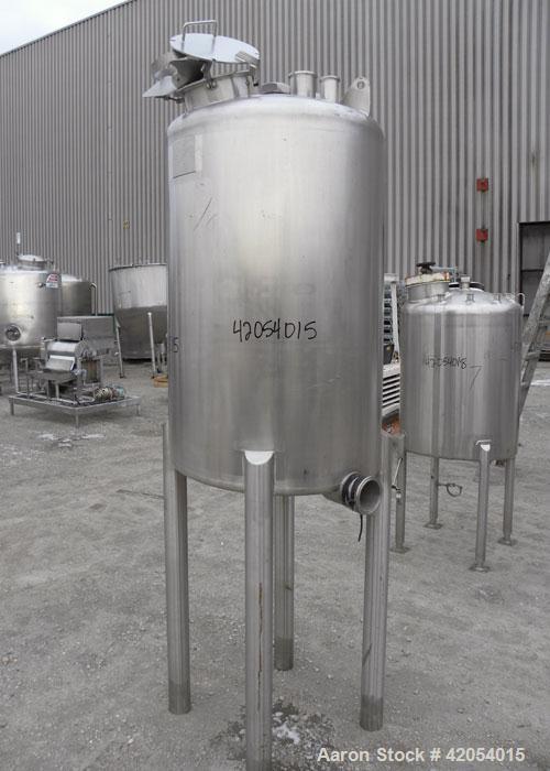Used Letsch/ Precision Stainless Tank, 132 gallon, 316L stainless steel, vertical. 30" diameter x 44" straight side, dish top and slope bottom. Internal rated 1 psi 180 deg F. (2) Spray balls. Openin...