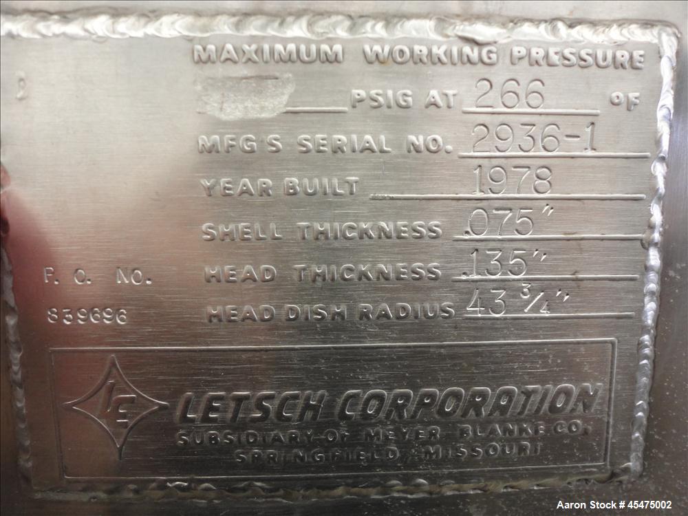 Used 300 Gallon Stainless Steel Letsch Pressure Tank