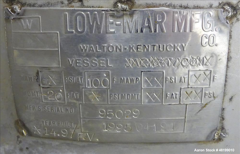 Used Lowe-Mar Tank, Approximately 350 Gallon, 304 Stainless Steel, Vertical.