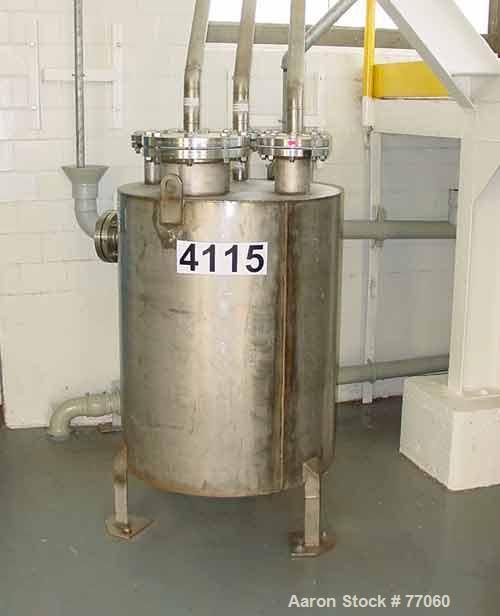 USED:Metro tank, 110 gallon, stainless steel, vertical. 29-1/2"diameter x 38" straight side. Flat top and bottom. Openings: top(1) 8", (3) 2", (2) 4"; side (1) 3", (2) 2"; 1" NPT off centerbottom out...