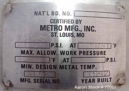 USED:Metro tank, 110 gallon, stainless steel, vertical. 29-1/2"diameter x 38" straight side. Flat top and bottom. Openings: top(1) 8", (3) 2", (2) 4"; side (1) 3", (2) 2"; 1" NPT off centerbottom out...