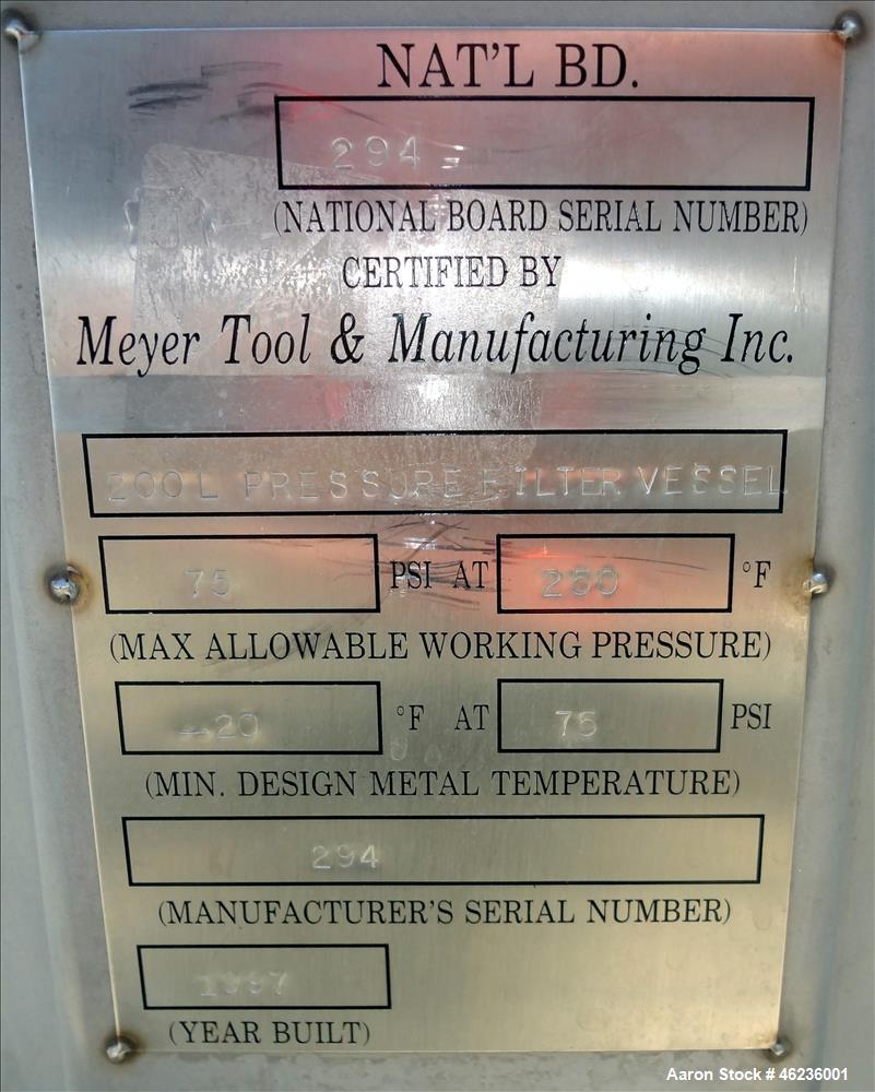 Used Meyer Tool & Mfg Pressure Tank Filter, 200 Liter (52.83 Gallon) Capacity, 316L Stainless Steel, Vertical. 23.625" Diameter x 22" straight side. Dished bolt on top head and dished bottom head. De...