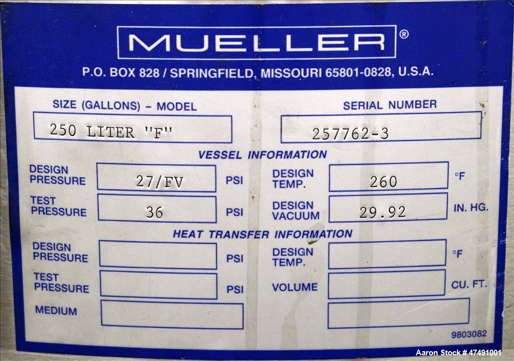 Used Mueller Pressure Tank, 250 Liter (66.04 Gallon), 316L Stainless Steel, Ver