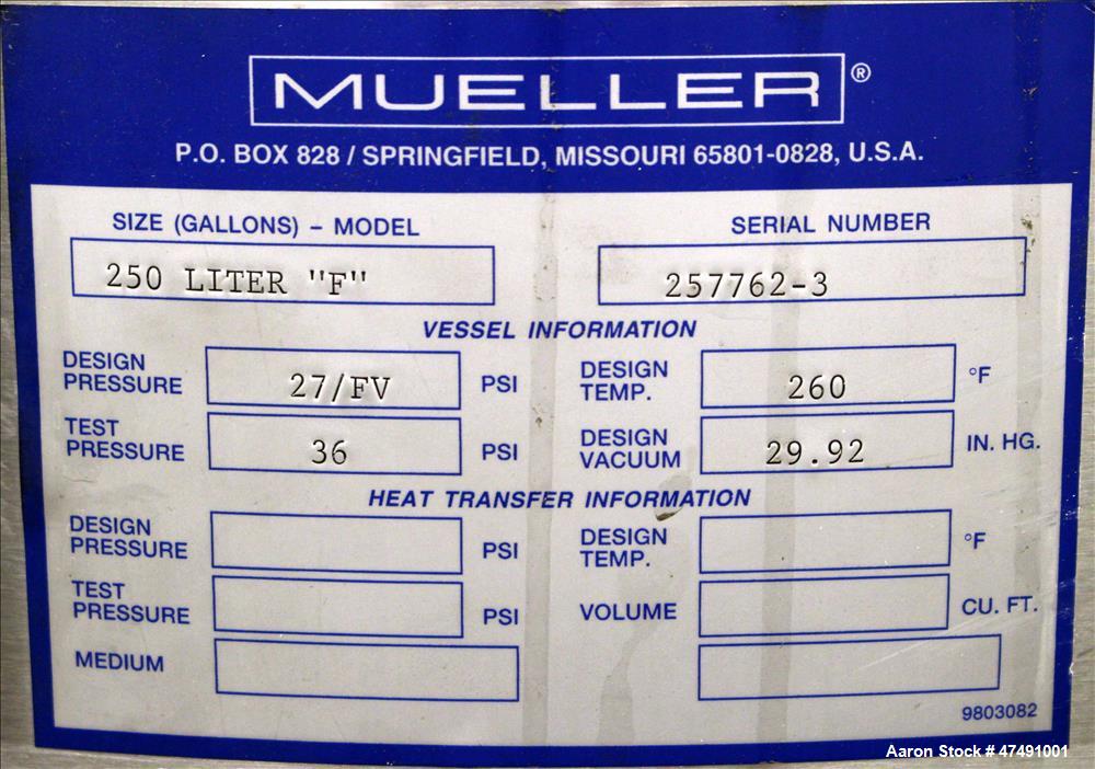 Used- Mueller Pressure Tank, 250 Liter (66.04 Gallon), 316L Stainless Steel, Ver