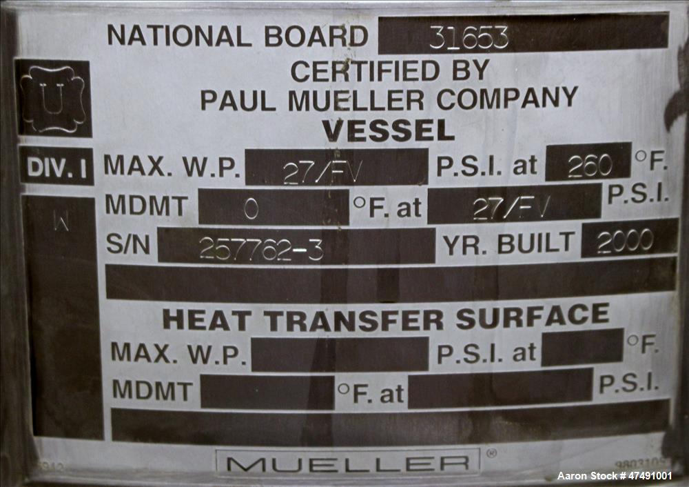 Used- Mueller Pressure Tank, 250 Liter (66.04 Gallon), 316L Stainless Steel, Ver