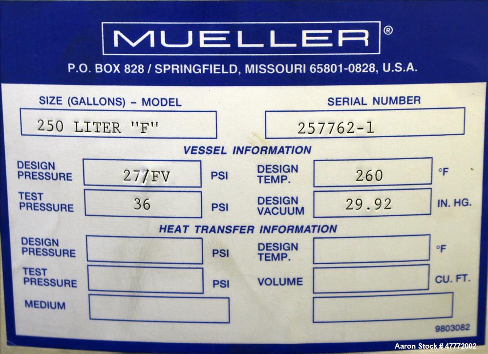 Used- Mueller Pressure Tank, 250 Liter(66.04 Gallon), 316 Stainless Steel, Verti