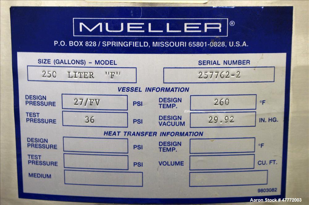 Used Mueller Pressure Tank, 250 Liter(66.04 Gallon), 316 Stainless Steel, Verti
