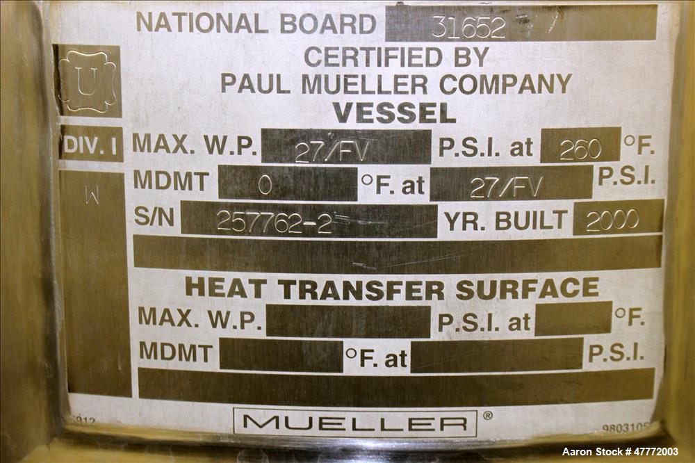 Used Mueller Pressure Tank, 250 Liter(66.04 Gallon), 316 Stainless Steel, Verti