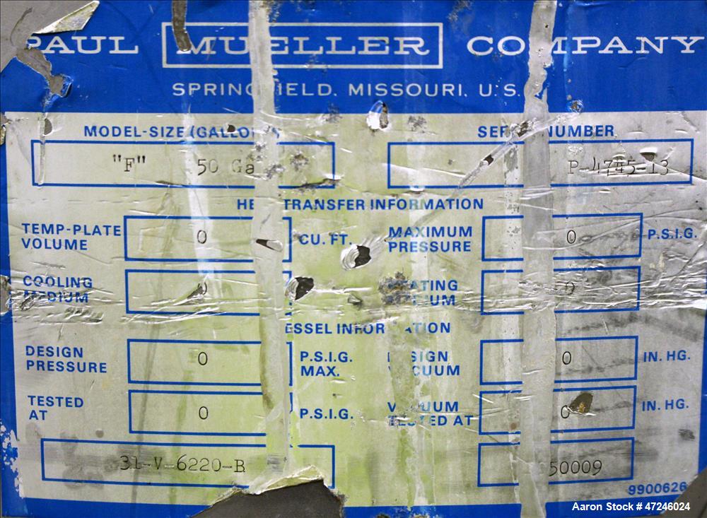 Used Mueller Tank, Model "F", 50 Gallon, 316 Stainless Steel, Vertical.
