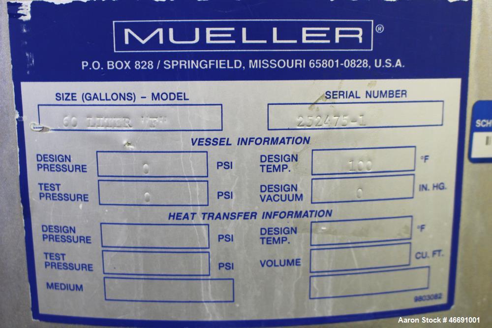Used Mueller 60 Liter (15.8 Gallon) Tank, 316 Stainless Steel, Vertical. Approximate 20" diameter x 12" straight side. Clamp down hinged dished top, dished bottom. Internal rated 0 psi at 100 degrees...
