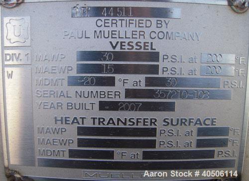 Unused- Mueller Pressure Tank, 350 Gallon, Model "F", 304L Stainless steel, Vertical. 48" diameter 40" straight side, dished top and bottom. Internal rated 30 psi at 200 deg.f., and -20 deg.f. at 30 ...