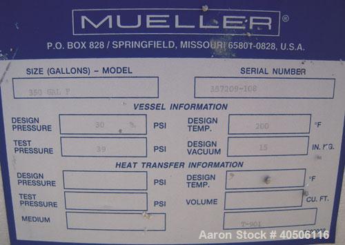 Unused- Mueller Pressure Tank, 350 Gallon, Model "F", 304L Stainless steel, Vertical. 48" diameter 40" straight side, dished top and bottom. Internal rated 30 psi at 200 deg F and -20 deg F at 30 psi...