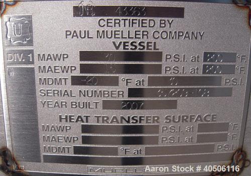 Unused- Mueller Pressure Tank, 350 Gallon, Model "F", 304L Stainless steel, Vertical. 48" diameter 40" straight side, dished top and bottom. Internal rated 30 psi at 200 deg F and -20 deg F at 30 psi...