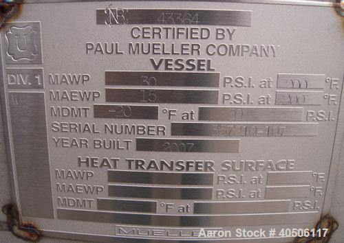 Unused- Mueller Pressure Tank, 350 Gallon, Model "F", 304L stainless steel, vertical. 48" diameter 40" straight side, dished top and bottom. Internal rated 30 psi at 200 deg F and -20 deg F at 30 psi...