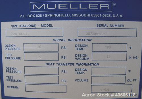 Unused- Mueller Pressure Tank, 350 Gallon, Model "F", 304L stainless steel, vertical. 48" diameter 40" straight side, dished top and bottom. Internal rated 30 psi at 200 deg F and -20 deg F at 30 psi...