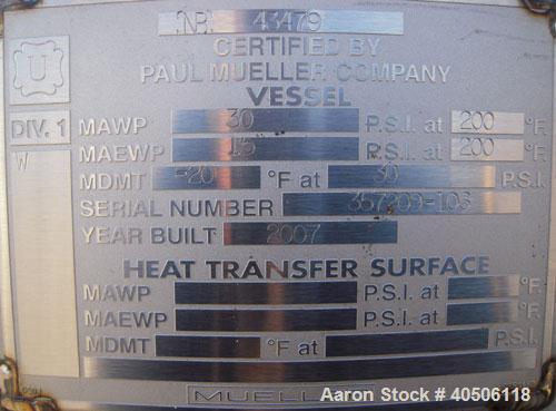 Unused- Mueller Pressure Tank, 350 Gallon, Model "F", 304L stainless steel, vertical. 48" diameter 40" straight side, dished top and bottom. Internal rated 30 psi at 200 deg F and -20 deg F at 30 psi...