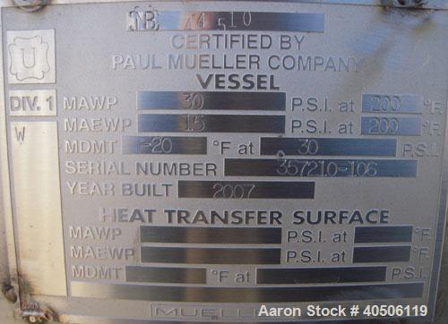 Unused- Mueller Pressure Tank, 350 Gallon, Model "F", 304L stainless steel, vertical. 48" diameter 40" straight side, dished top and bottom. Internal rated 30 psi at 200 deg F and -20 deg F at 30 psi...