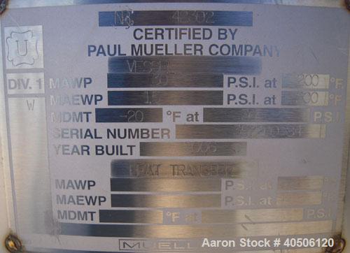 Unused- Mueller Pressure Tank, 250 Gallon, Model "F", 304L Stainless Steel, Vertical. 42" diameter x 47" straight side, dished top and bottom. Internal rated 30 psi at 200 deg F and -20 deg F at 30 p...