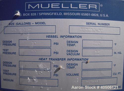 Unused- Mueller Pressure Tank, 50 Gallon, Model "F", 304L stainless steel, vertical. 17 1/2" diameter, 68" straight side, dished top and bottom. Internal rated 30 psi at 250 deg F and -20 deg F at 30...