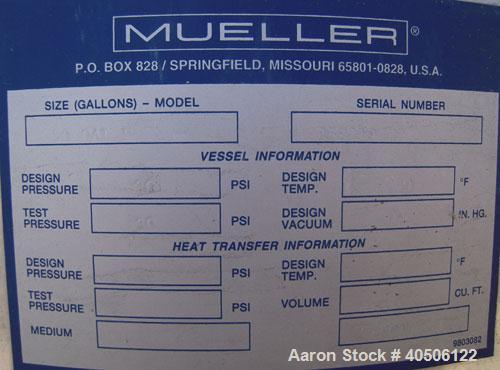 Unused- Mueller Pressure Tank, 50 Gallon, Model "F", 304L stainless steel, vertical. 17 1/2" diameter, 68" straight side, dished top and bottom. Internal rated 30 psi at 250 deg F and -20 deg F at 30...