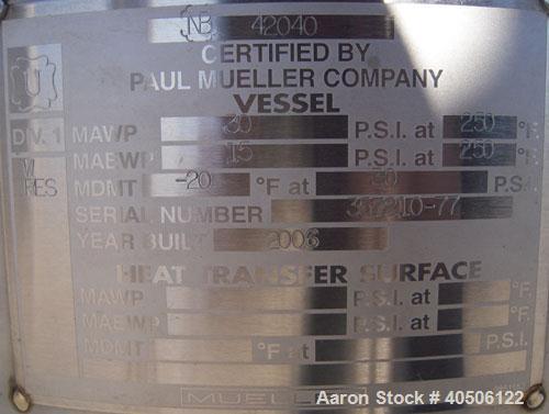 Unused- Mueller Pressure Tank, 50 Gallon, Model "F", 304L stainless steel, vertical. 17 1/2" diameter, 68" straight side, dished top and bottom. Internal rated 30 psi at 250 deg F and -20 deg F at 30...