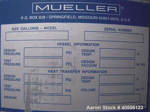 Unused- Mueller Pressure Tank, 50 Gallon, Model "F", 304L stainless steel, vertical. 17 1/2" diameter, 68" straight side, dished top and bottom. Internal rated 30 psi at 250 deg F and -20 deg F at 30...