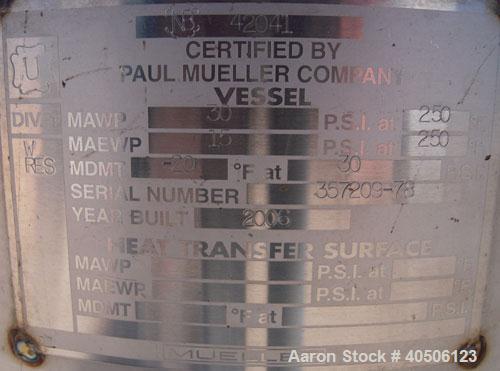Unused- Mueller Pressure Tank, 50 Gallon, Model "F", 304L stainless steel, vertical. 17 1/2" diameter, 68" straight side, dished top and bottom. Internal rated 30 psi at 250 deg F and -20 deg F at 30...