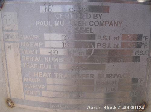 Unused- Mueller Pressure Tank, 50 Gallon, Model "F", 304L stainless steel, vertical. 17 1/2" diameter, 68" straight side, dished top and bottom. Internal rated 30 psi at 250 deg F and -20 deg F at 30...