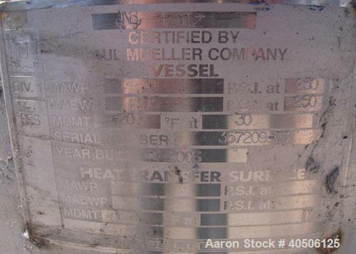 Unused- Mueller Pressure Tank, 50 Gallon, Model "F", 304L stainless steel, vertical. 17 1/2" diameter, 68" straight side, dished top and bottom. Internal rated 30 psi at 250 deg F and -20 deg F at 30...