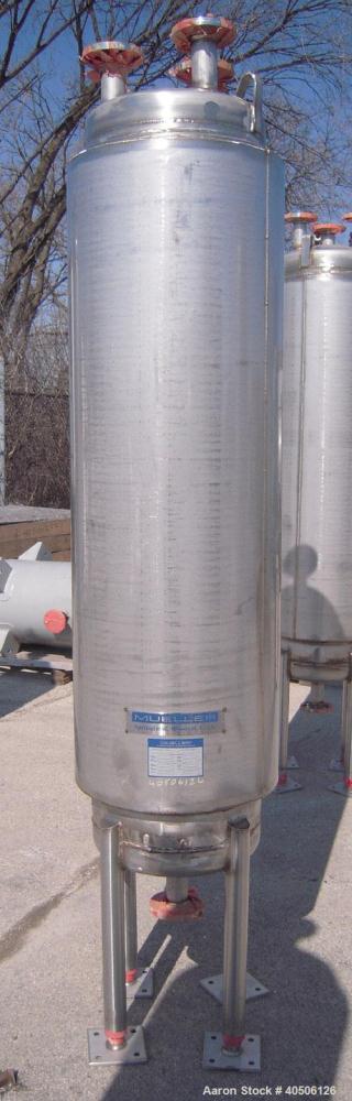 Unused- Mueller Pressure Tank, 50 Gallon, Model "F", 304L Stainless steel, Vertical. 17 1/2" diameter, 68" straight side, dished top and bottom. Internal rated 30 psi at 250 deg F and -20 deg F at 30...