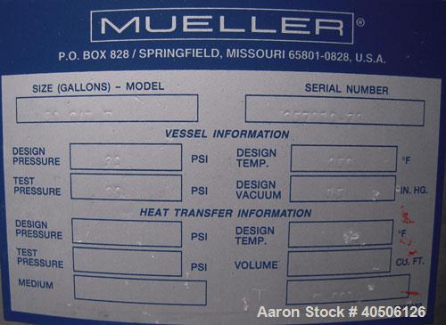 Unused- Mueller Pressure Tank, 50 Gallon, Model "F", 304L Stainless steel, Vertical. 17 1/2" diameter, 68" straight side, dished top and bottom. Internal rated 30 psi at 250 deg F and -20 deg F at 30...