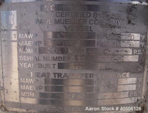 Unused- Mueller Pressure Tank, 50 Gallon, Model "F", 304L Stainless steel, Vertical. 17 1/2" diameter, 68" straight side, dished top and bottom. Internal rated 30 psi at 250 deg F and -20 deg F at 30...