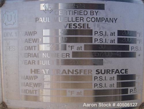 Unused- Mueller Pressure Tank, 50 Gallon, Model "F", 304L Stainless steel, Vertical. 17 1/2" diameter, 47" straight side, dished top and bottom. Internal rated 30 psi at 200 deg F and -20 deg F at 30...