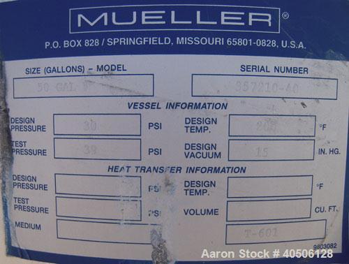 Unused- Mueller Pressure Tank, 50 Gallon, Model "F", 304L stainless steel, vertical. 17 1/2" diameter, 47" straight side, dished top and bottom. Internal rated 30 psi at 200 deg F and -20 deg F at 30...