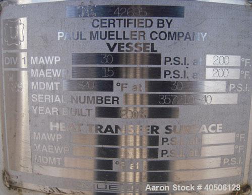 Unused- Mueller Pressure Tank, 50 Gallon, Model "F", 304L stainless steel, vertical. 17 1/2" diameter, 47" straight side, dished top and bottom. Internal rated 30 psi at 200 deg F and -20 deg F at 30...