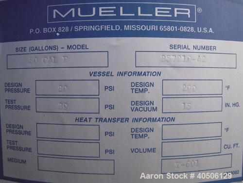 Unused- Mueller Pressure Tank, 50 Gallon, Model "F", 304L stainless steel, vertical. 17 1/2" diameter, 47" straight side, dished top and bottom. Internal rated 30 psi at 200 deg F and -20 deg F at 30...