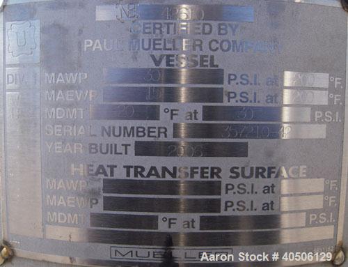Unused- Mueller Pressure Tank, 50 Gallon, Model "F", 304L stainless steel, vertical. 17 1/2" diameter, 47" straight side, dished top and bottom. Internal rated 30 psi at 200 deg F and -20 deg F at 30...