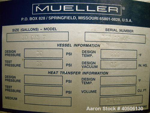 Unused- Mueller Pressure Tank, 50 Gallon, Model "F", 304L stainless steel, vertical. 17 1/2" diameter, 47" straight side, dished top and bottom. Internal rated 30 psi at 200 deg F and -20 deg F at 30...