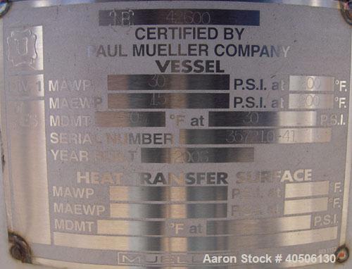 Unused- Mueller Pressure Tank, 50 Gallon, Model "F", 304L stainless steel, vertical. 17 1/2" diameter, 47" straight side, dished top and bottom. Internal rated 30 psi at 200 deg F and -20 deg F at 30...