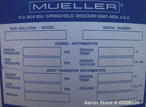 Unused- Mueller Pressure Tank, 50 Gallon, Model "F", 304L stainless steel, vertical. 17 1/2" diameter, 47" straight side, di...