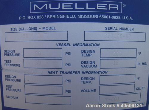 Unused- Mueller Pressure Tank, 50 Gallon, Model "F", 304L stainless steel, vertical. 17 1/2" diameter, 47" straight side, dished top and bottom. Internal rated 30 psi at 200 deg F and -20 deg F at 30...