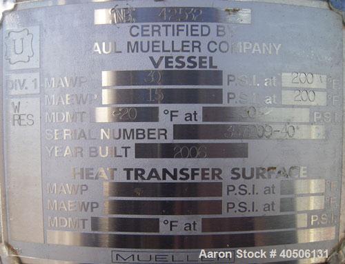 Unused- Mueller Pressure Tank, 50 Gallon, Model "F", 304L stainless steel, vertical. 17 1/2" diameter, 47" straight side, dished top and bottom. Internal rated 30 psi at 200 deg F and -20 deg F at 30...