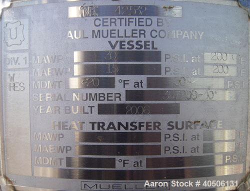 Unused- Mueller Pressure Tank, 50 Gallon, Model "F", 304L stainless steel, vertical. 17 1/2" diameter, 47" straight side, di...