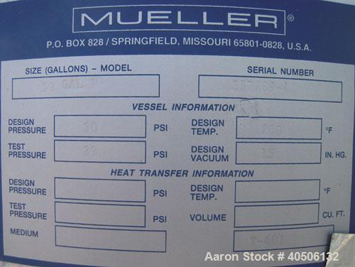 Unused- Mueller Pressure Tank, 50 Gallon, Model "F", 304L stainless steel, vertical. 17 1/2" diameter, 47" straight side, di...