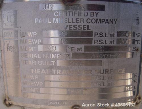 Unused- Mueller Pressure Tank, 50 Gallon, Model "F", 304L stainless steel, vertical. 17 1/2" diameter, 47" straight side, dished top and bottom. Internal rated 30 psi at 200 deg F and -20 deg F at 30...