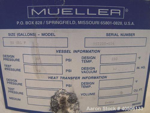 Unused- Mueller Pressure Tank, 50 Gallon, Model "F", 304L stainless steel, vertical. 17 1/2" diameter, 47" straight side, dished top and bottom. Internal rated 30 psi at 150 deg F and -20 deg F at 30...