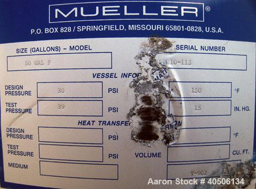 Unused- Mueller Pressure Tank, 50 Gallon, Model "F", 304L stainless steel, vertical. 17 1/2" diameter, 47" straight side, dished top and bottom. Internal rated 30 psi at 150 deg F and -20 deg F at 30...